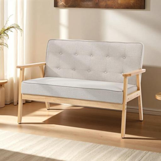 Sofá de 2 Plazas Tapizado en Lino Sintético Sofá Nórdico con Patas y Reposabrazos de Madera 113x67x78 cm Beige [5]