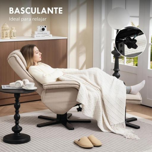 Sillón Relax Reclinable con Reposapiés Giratoria Tapizado en Lino con Base de Madera Beige [3]