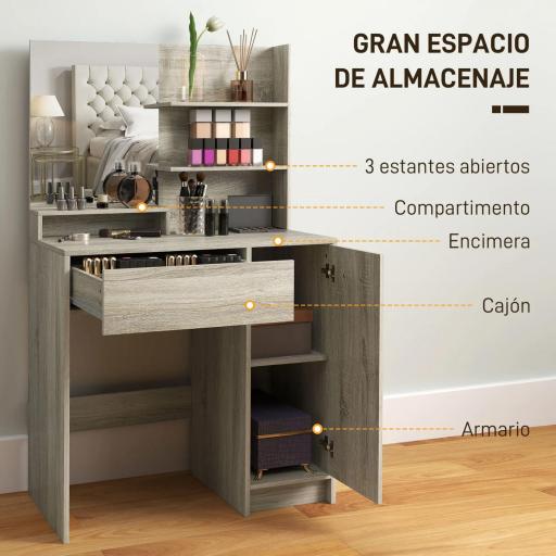 Tocador de Maquillaje con Taburete Espejo Estantes Abiertos Cajón y Estante Ajustable Anti-vuelco Natural y Beige [2]