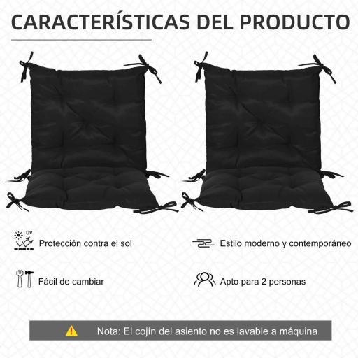 Conjunto de 2 Cojines para Silla 50x98x8 cm con Respaldo 6 Cordones de Fijación para Jardín Terraza Balcón Negro [4]