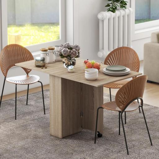 Mesa Plegable con 2 Alas Abatibles de Madera 2 Estantes y Ruedas para Cocina Comedor 75x140x74 cm Madera Natural