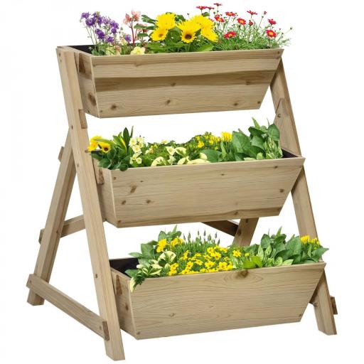 Jardinera de Escalera de 3 Niveles Maceteros de Madera Jardinera Vertical con Tela no Tejida y Orificios de Drenaje Huerto Urbano para Plantas Macetas Flores Jardín 71x61x77 cm Natural [8]