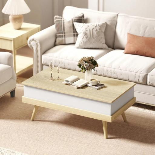 Mesa de Centro Elevable con 3 Compartimientos de Almacenaje Ocultos y Patas de Madera 100x79x54 cm Natural y Blanco [3]