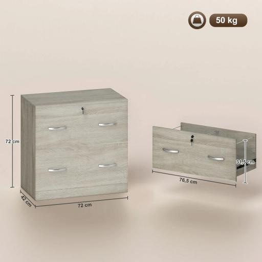 Cajonera de Escritorio con 2 Cajones con Guías para Carpetas Colgantes para A4 Cerradura y 2 Llaves 77x42x72 cm Natural [1]