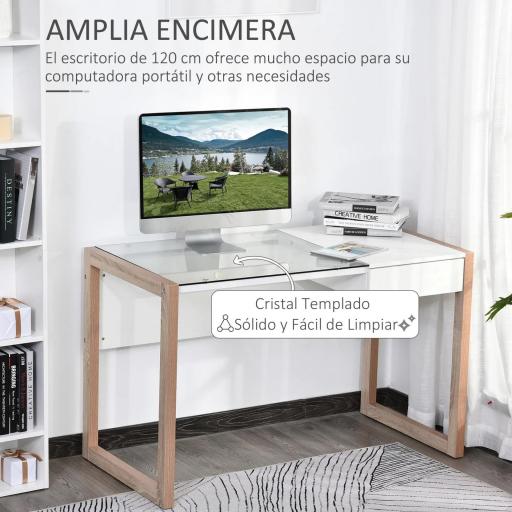 Mesa de Ordenador Mesa de Escritorio Diseño Moderno con Tablero de Vidrio Templado Cajón Combinación de Estilos para Oficina Estudio 120x60x75 cm Blanco [2]