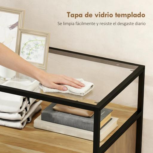 Cómoda Dormitorio con 4 Cajones Superficie de Vidrio Templado Estante Abierto Estructura de Acero 60x40x94,5 cm Teca [3]