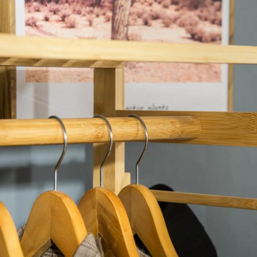 Perchero Burro de Bambú Perchero de Pie con Estantería de 4 Niveles con Barra Estante Inferior y Colgador Lateral para Ropa Bolsas Dormitorio 90x30x155 cm Natural [3]