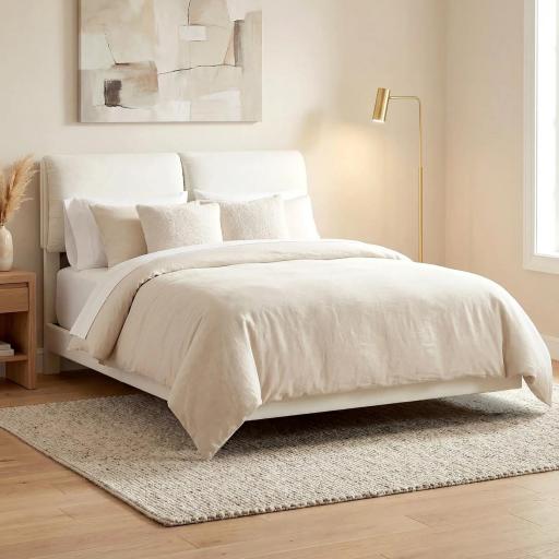 Cama Doble de 135x190 cm Somier con Cabecero Acolchado Efecto Flotante Estructura Metálica Beige [2]