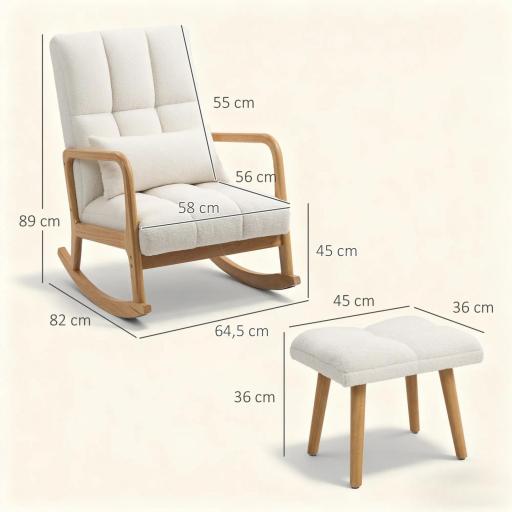 Silla Mecedora con Reposapiés Tapizado en Bouclé Cojín Acolchado y Reposabrazos y Patas de Madera Carga 120 kg Blanco [1]