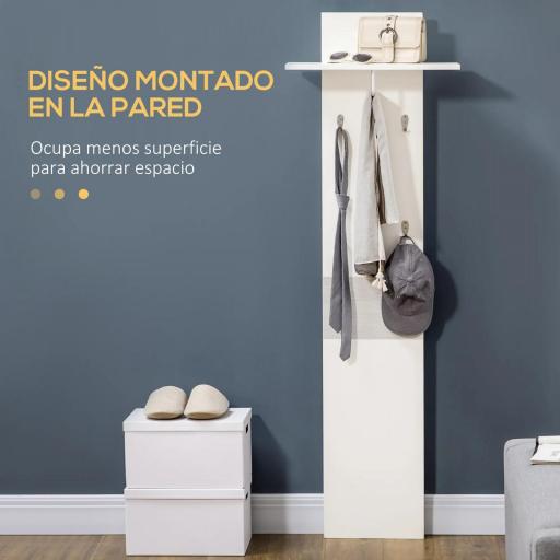 Perchero de Pared con 4 Ganchos y Estante con Barra de Aluminio para Entrada Pasillo 50x23,5x160 cm Blanco [2]