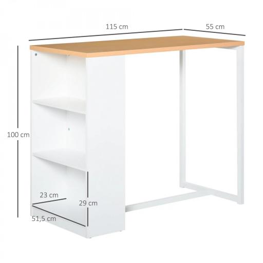 Mesa de Bar con 3 Estantes Estructura de Metal Antivuelco Carga 100 kg 115x55x100 cm Blanco y Roble [1]