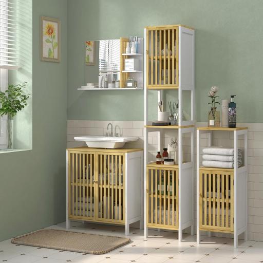 Columna de Baño Mueble de Baño Alto con 2 Compartimentos 2 Puertas de Rejilla y Estantes Ajustables 32x30x172 cm Blanco