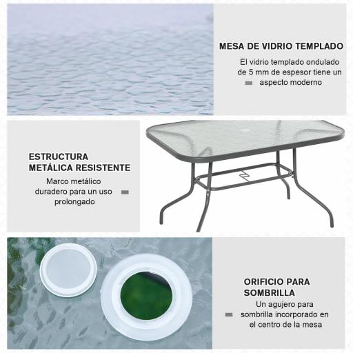 Mesa de Jardín Exterior Rectangular de Metal Bordes Curvos con Orificio para Sombrilla Capacidad 70kg Vidrio Templado 120x80x70 cm Gris Carbón [3]