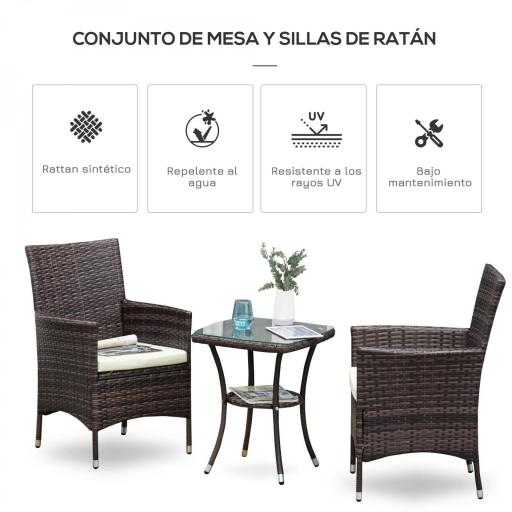 Conjunto de Muebles para Jardín Juegos de Muebles de Ratán Incluye 1 Mesa y 2 Sillones con Cojines Estructura de Metal para Terraza Patio Marrón [2]