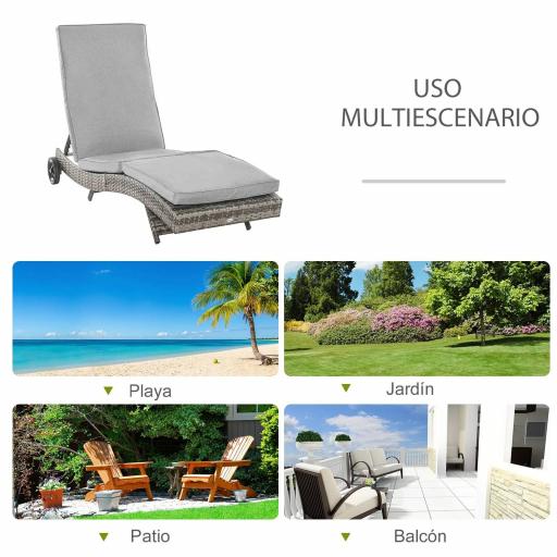 Tumbona de Jardín en Forma de S con 2 Ruedas Respaldo Ajustable en 5 Posiciones y Cojín Extraíble 207x70x70 cm Gris [5]