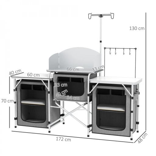 Mueble de Cocina para Camping Plegable con 3 Mesas 4 Ganchos Poste de Luz y Bolsa de Transporte 172x48x130 cm Gris [1]