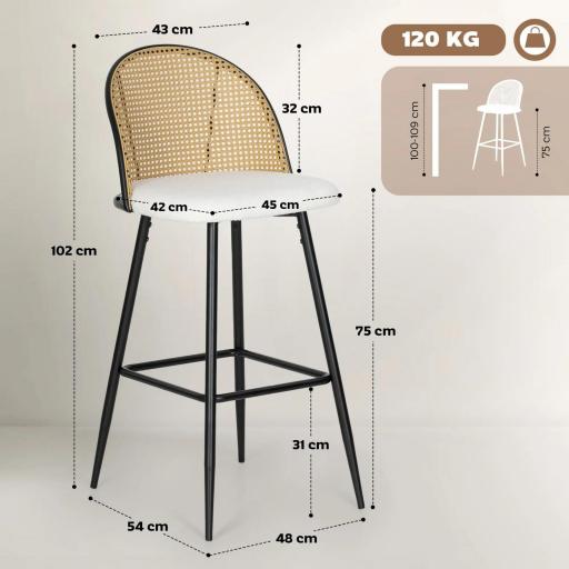 Juego de 2 Taburetes de Bar con Respaldo de Ratán Asiento Tapizado en Borreguito Marco de Acero y Reposapiés Crema [1]