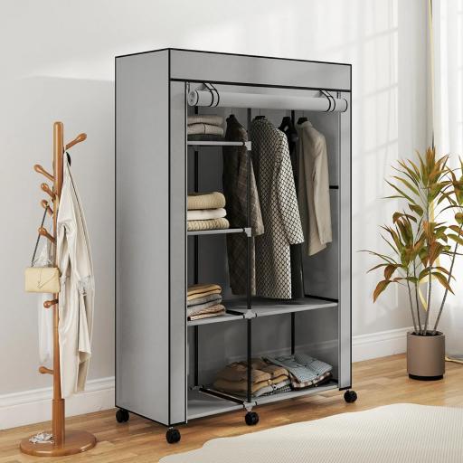 Armario de Tela con Ruedas Ropero Portátil con 6 Estantes y 1 Barra de Colgar para Dormitorio 103x43x162,5 cm Gris [2]