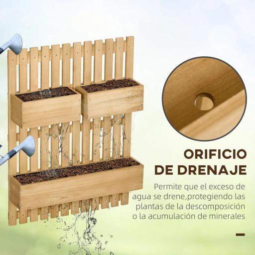 Jardinera de Pared de Madera con Enrejado y 3 Macetas Móviles para Jardín Terraza Patio 60x16x80 cm Natural [3]