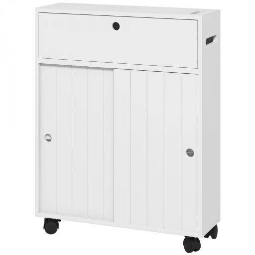 Armario de Baño Mueble Auxiliar con 4 Ruedas 2 Agujeros para Papel 2 Armarios y Estantes Ajustables 52x17x67 cm Blanco [8]
