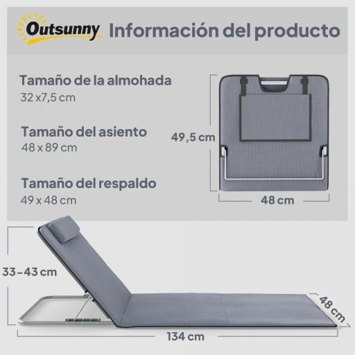 Conjunto de 2 Esterillas con Respaldo Reclinable Reposacabezas y Bolsa de Transporte 134x48x33-43 cm Gris [1]