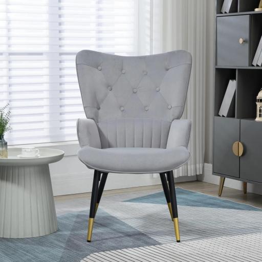 Butaca de Salón Sillón Individual Tapizado en Terciopelo con Respaldo Alto Estilo Moderno 68x72x103 cm Gris Claro [4]
