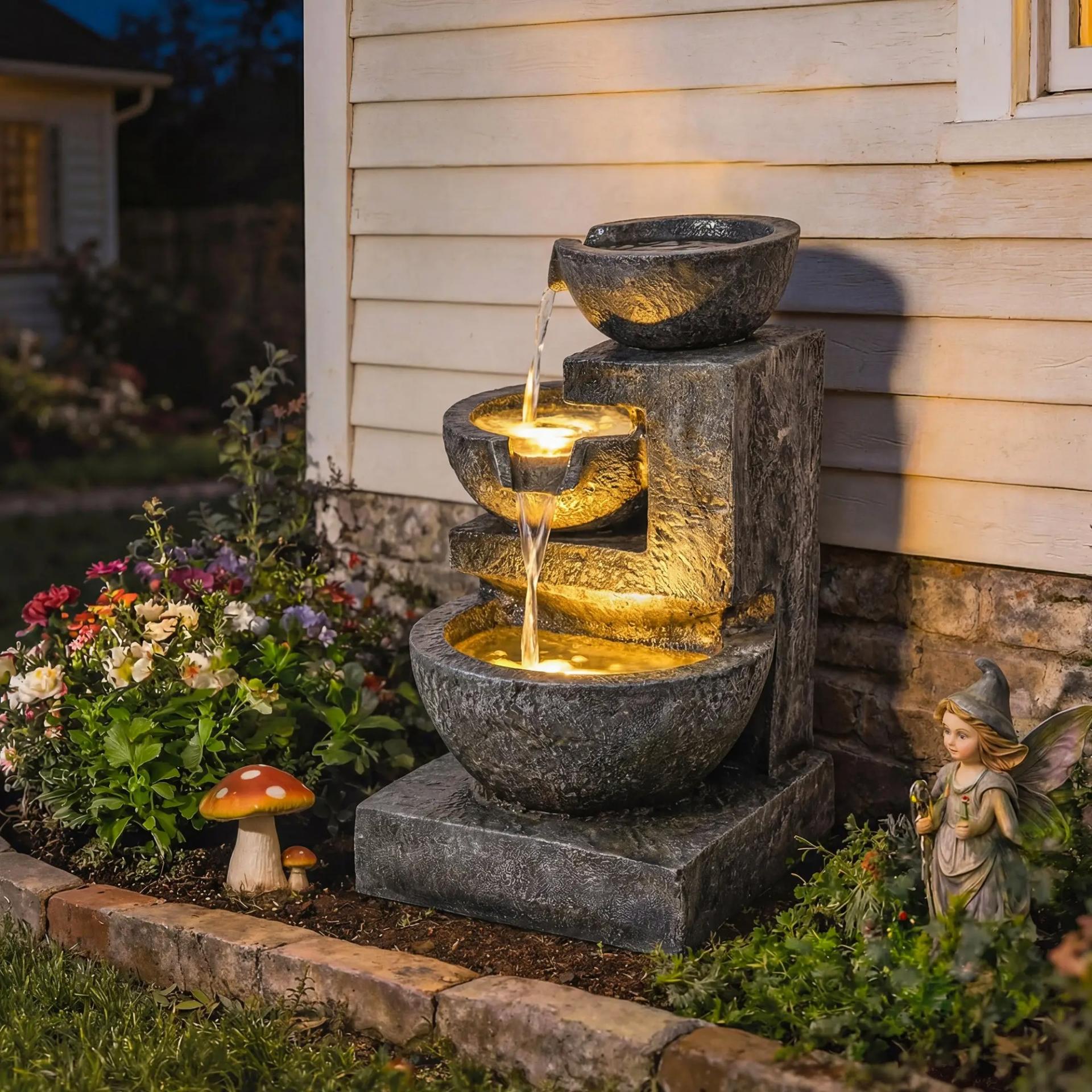 Fuente de Jardín con Iluminación LED y Bomba Fuente Decorativa en Cascada de 3 Niveles 40x37x61 cm Multicolor