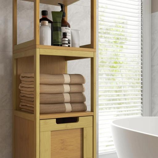 Armario Alto para Baño con 3 Estantes y 2 Cajones de Bambú Estilo Moderno 30x30x144,3 cm Natural [6]