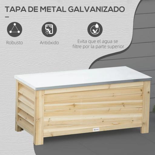 Baúl de Almacenaje Exterior de Madera con Tapa de Metal Galvanizado y Diseño con Listones 110x50x50 cm Madera Natural [3]