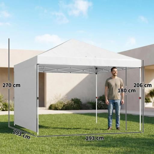Carpa Plegable Pop-up 3x3 m con Pared Lateral UPF50+ Altura Ajustable Empuje Central Bolsa de Transporte Blanco [1]