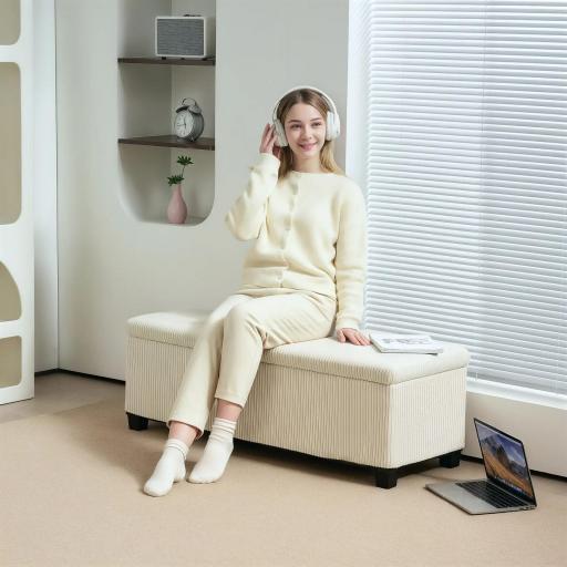 Banco Almacenaje Capacidad de 84 L 112x42x40cm Tapizado en Pana Pie de Cama para Sala de Estar Dormitorio Beige [3]