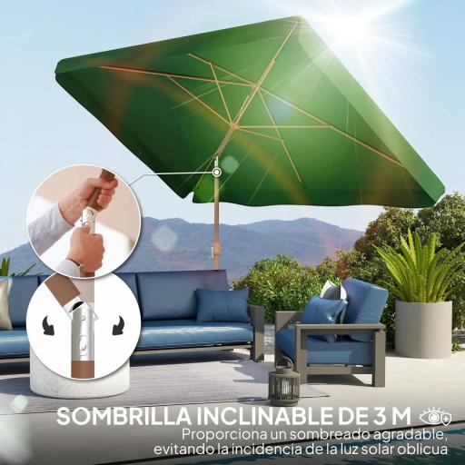 Sombrilla de Terraza Exterior 300x200x245 cm con Ángulo Ajustable Mástil de Aluminio Manivela y Protección UV 50+ Verde [2]