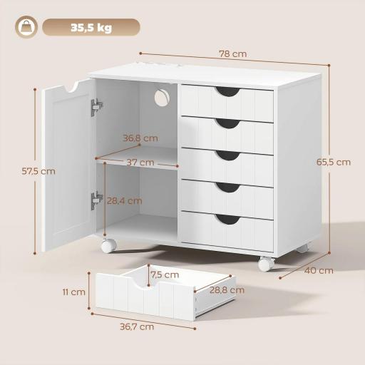 Mueble para Impresora con Estación de Carga y Ruedas 5 Cajones Puertos USB Estante Ajustable Blanco [1]