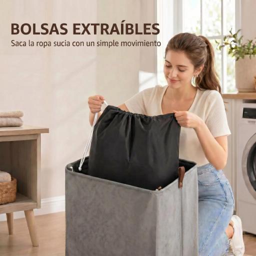 Cesto de Ropa Sucia con Tapa y Ruedas 50L Cesta de Ropa Sucia Plegable con Bolsa con Cordón Extraíble 40x30x65 cm Gris [4]
