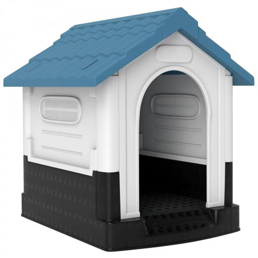 Caseta para Perros Mini para Exterior de Plástico con 3 Ventanas Base Elevada Techo Inclinado 64,5x57x66 cm Azul [9]