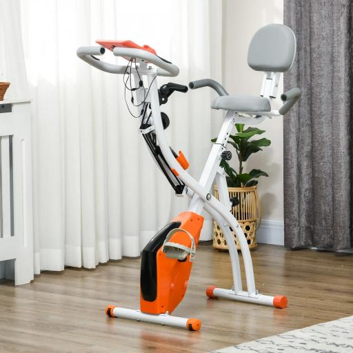 Bicicleta Estatica Plegable 3 en 1 con Respaldo y 8 Niveles Resistencia Magnética Bicicleta Estatica en Casa Ajustable con Monitor LCD Volante Banda Sensor de Pulso Soporte de Teléfono Naranja