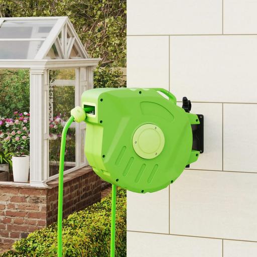 Carrete para Manguera 15M+1,5M Soporte Mural Portamanguera Roll-up Automático Giratorio 180° con Pistola de Pulverización Gran Alcance Base de Pared Conector de Manguera para Jardín Terraza [5]