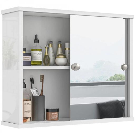 Armario con Espejo de Pared con Estante Ajustable y Puerta Corredera Doble para Lavabo 55x15x45 cm Blanco Brillante [5]