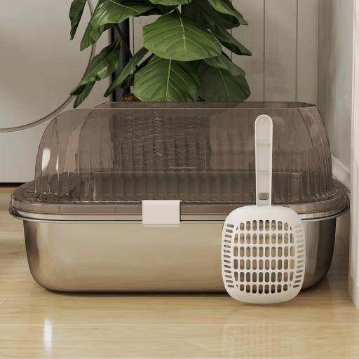 Arenero para Gatos Cubierto con Bandeja de Acero Inoxidable Bordes Altos Pala Peldaño y Zona para Caída de Arena Gris [6]