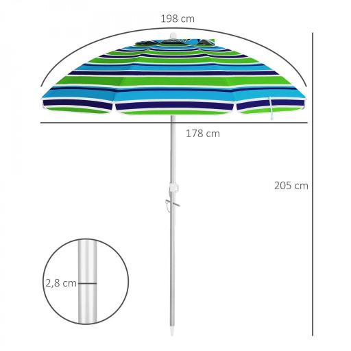 Sombrilla de Playa Ø178x205 cm con Reclinación 45° Altura Ajustable Anti-UV Impermeable y Bolsa de Transporte Multicolor [1]