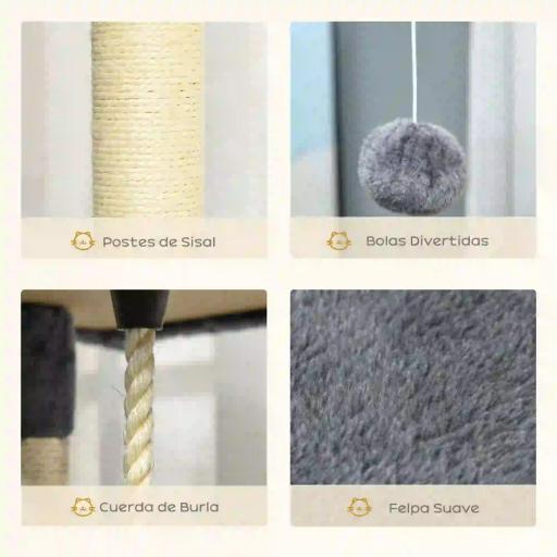 Árbol Rascador para Gatos 200 cm Torre para Gatos con 2 Cuevas 2 Hamacas Cama Postes de Sisal 60x60x200 cm Gris [5]
