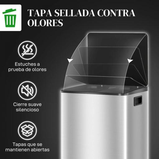 Cubo de Basura de Cocina con 2 Compartimentos 2x30L con Pedal Tapa de Cierre Suave y Cubo Extraíble Plata [3]