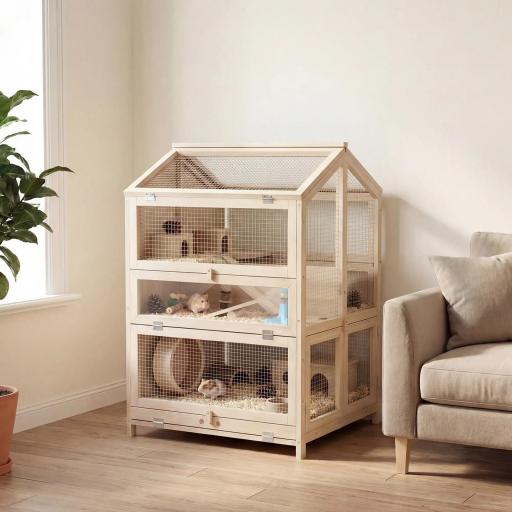 Jaula para Hámster de Madera de 3 Niveles con Bebederos Casetas Balancines Bandeja Extraíble y Tapas Abatibles Natural [0]