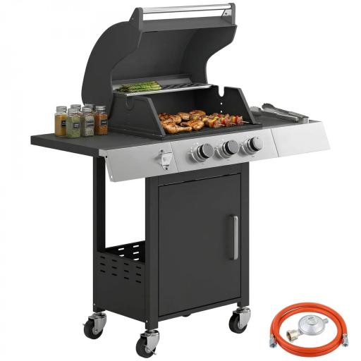 Barbacoa de Gas con 3 Quemadores 8,1 kW Termómetro Parrillas Mesas Laterales Armario y Ruedas 109x50x109 cm Negro [9]