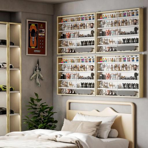 Vitrina de Pared de Madera con Estantes Ajustables y 2 Puertas Correderas de Cristal 80x9,5x60 cm Blanco y Natural [6]