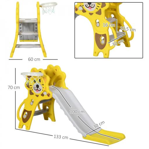 Tobogán para Niños de 18 a 36 Meses con 2 Escaleras 1 Canasta de Baloncesto y Patrón de León 131x50x74cm Amarillo y Gris [4]