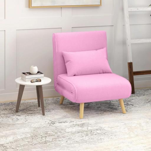 Sofá Cama Individual Tapizado en Lino con Respaldo Ajustable en 5 Posiciones y Almohada 72x75x85 cm Rosa [1]