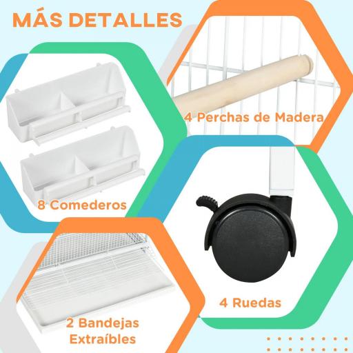 Jaula para Pájaros Grande de 2 Pisos Convertible en Sola Jaula con Ruedas Comederos 4 Perchas 78x75x168 cm Blanco [3]