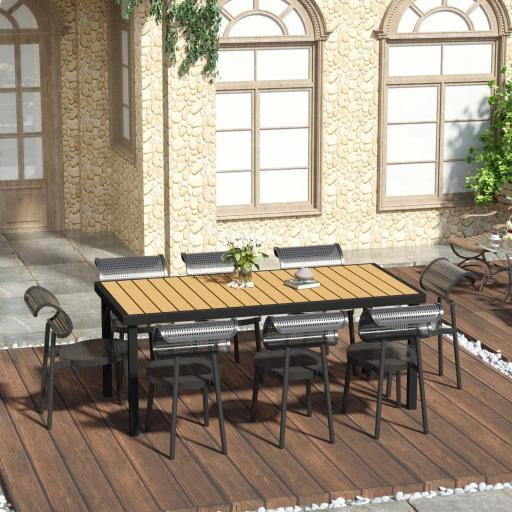 Mesa de Comedor Exterior de Aluminio Mesa de Jardín Exterior para 8 Personas con Encimera de Listones para Terraza Balcón 190x90x74 cm Natural y Negro