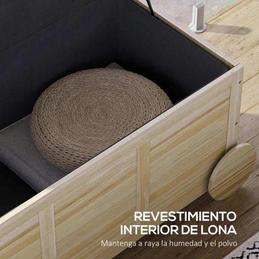 Baúl de Madera Exterior de 185L con 2 Ruedas Cuerdas de lino Bisagras Metálicas y Forro Interno 110x50x50 cm Natural [5]
